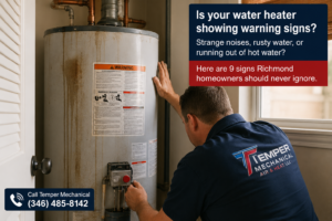 Is your water heater making strange noises, producing rusty water, or running out of hot water faster than it used to? Here are 9 warning signs Richmond TX homeowners should never ignore. Call Temper Mechanical: (346) 485-8142