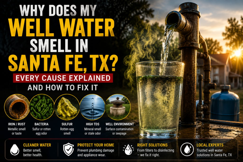 Well water smelling like rotten eggs, sulfur, or something musty in Santa Fe TX? Here is exactly what is causing it, whether it is safe, and the right fix for your specific situation. Call: (346) 485-8142