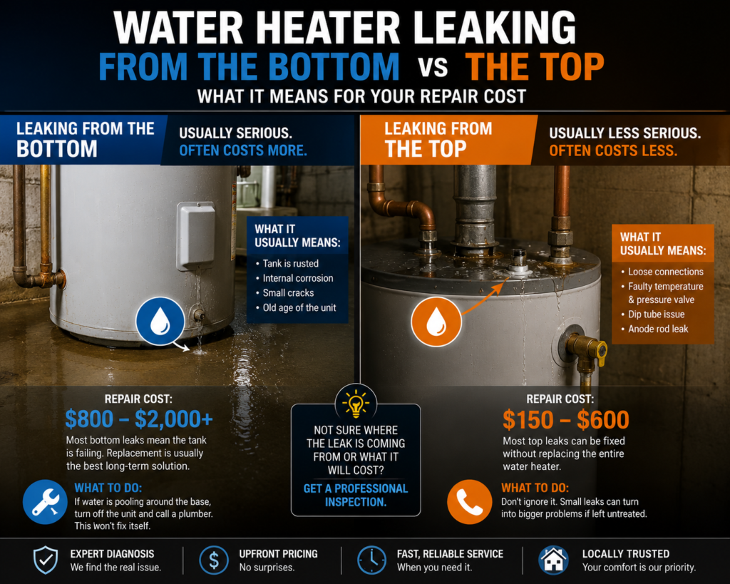 Water Heater Leaking From the Bottom vs the Top — What It Means for Your Repair Cost