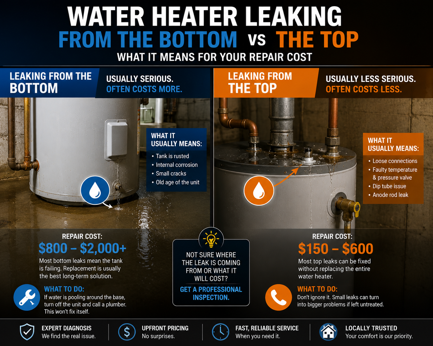 Water Heater Leaking From the Bottom vs the Top — What It Means for Your Repair Cost
