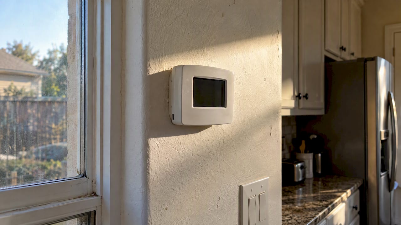 Thermostat mounted beside a sunny kitchen window