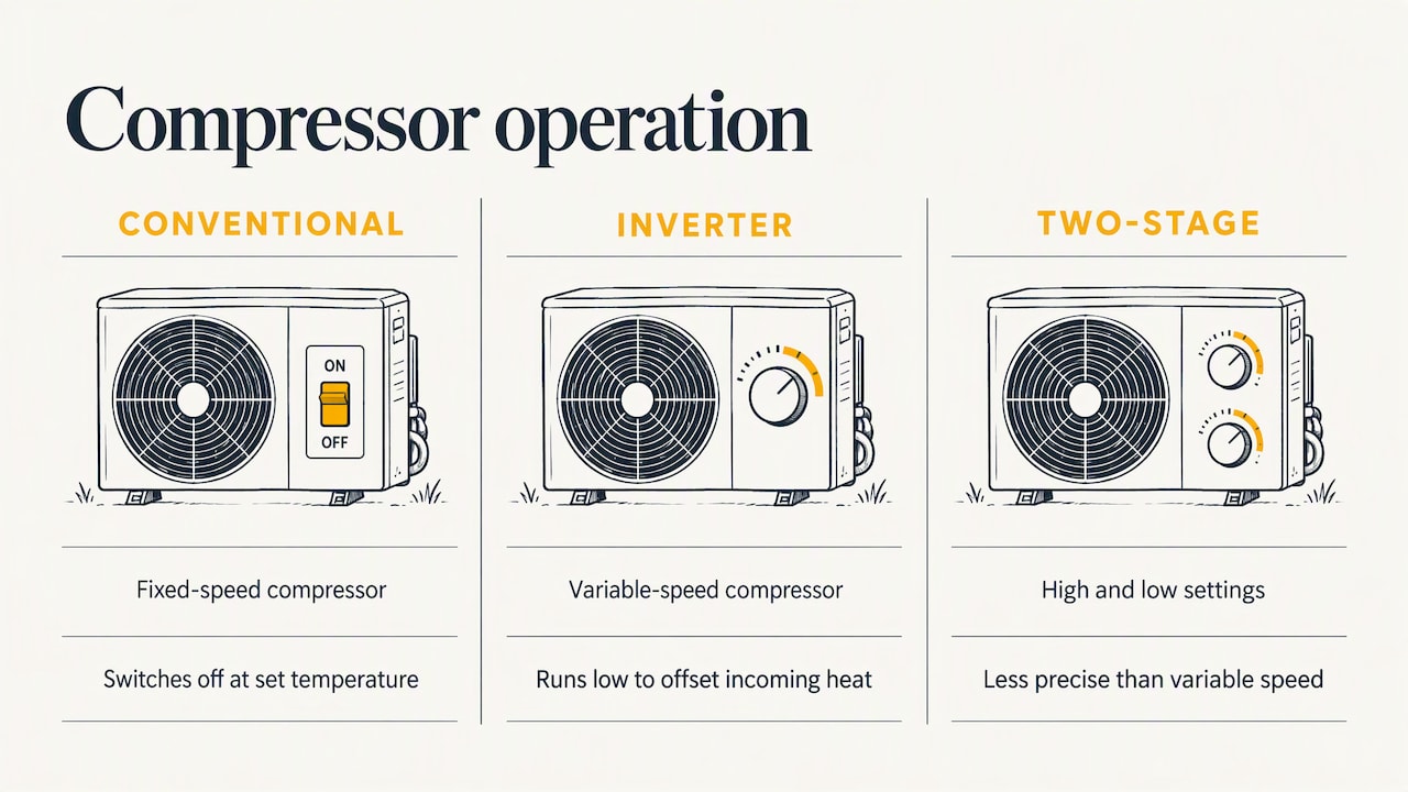 How fixed-speed, inverter and two-stage compressors operate